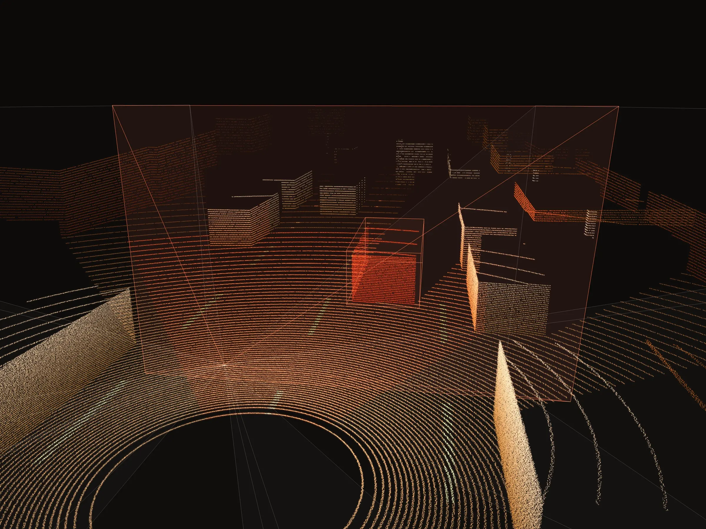 Looking down the lit field of view of the active camera, across a lidar scan, to the selected car
