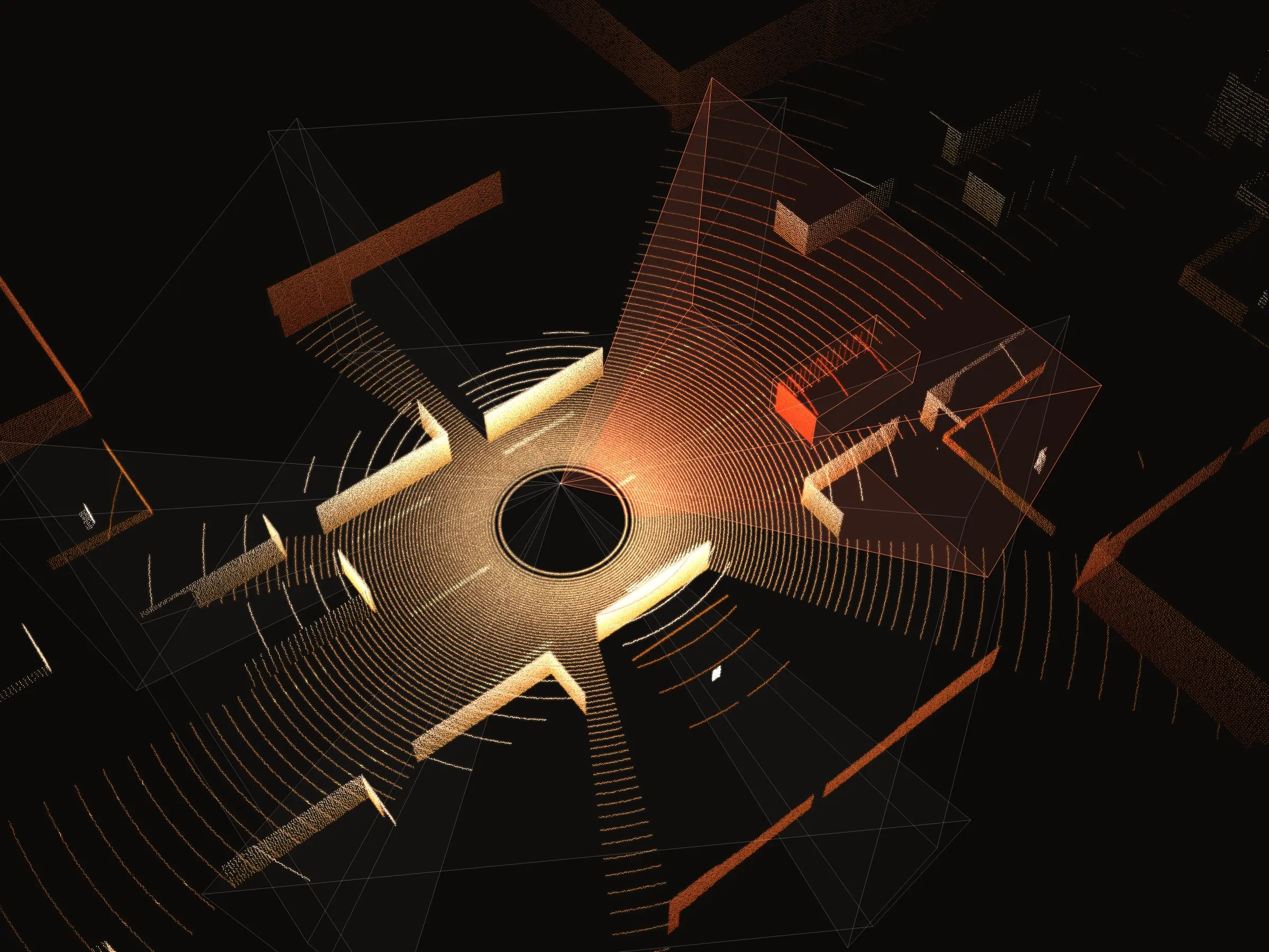 A lidar scan seen from above with six camera fields of view fanning out from the vehicle, one lit