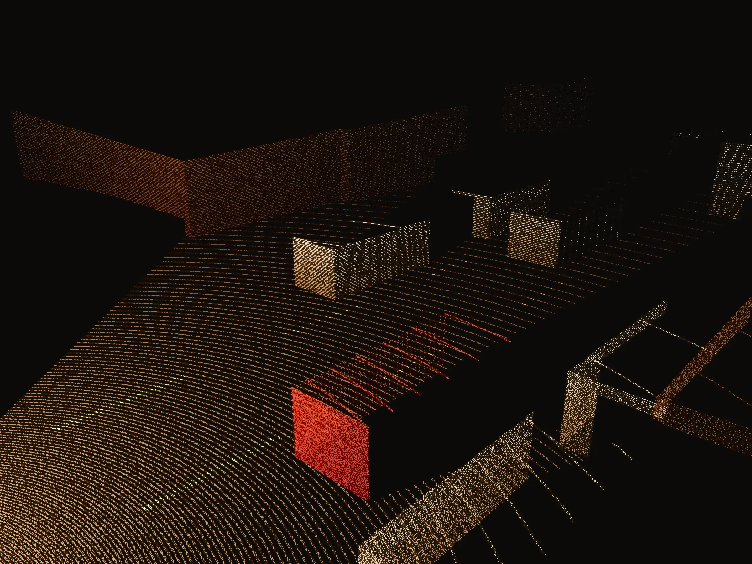 A dense lidar street scan seen low and close, millions of points in rings and surfaces