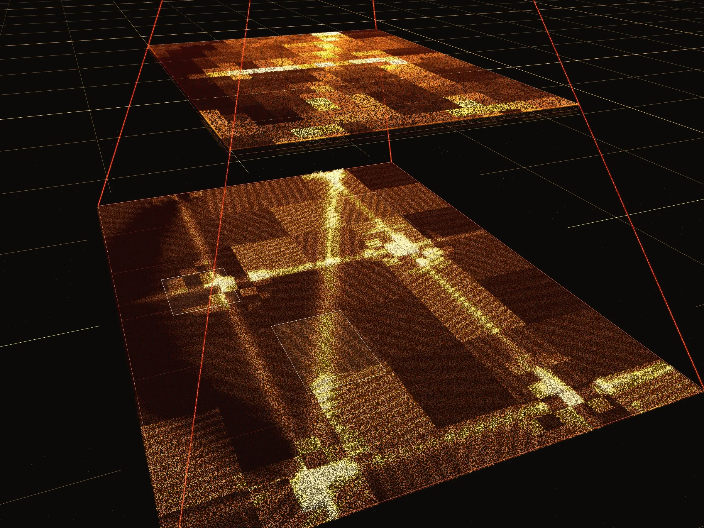 The loaded patch of an aerial image at full detail, with the same picture coarsening into large flat tiles beyond it and a lower-resolution level of the pyramid floating above