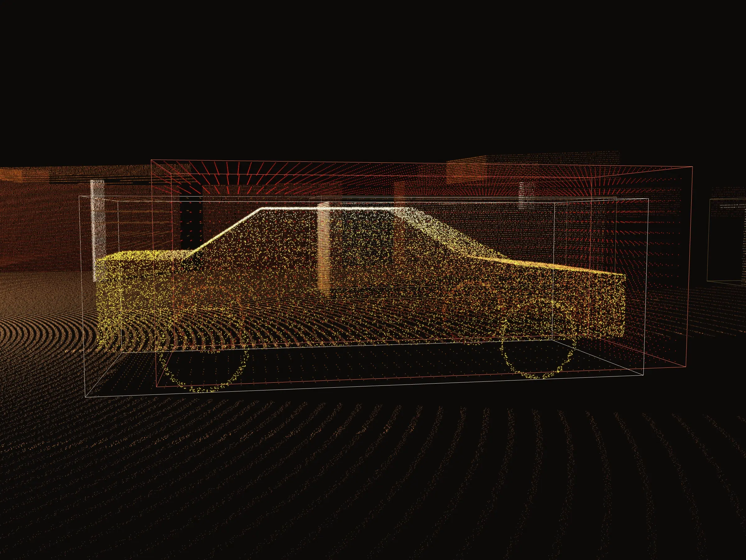 A car in a lidar scan seen side on, a white reference box around it and a red learner's box overshooting the roof and tail, the uncovered nose lit gold