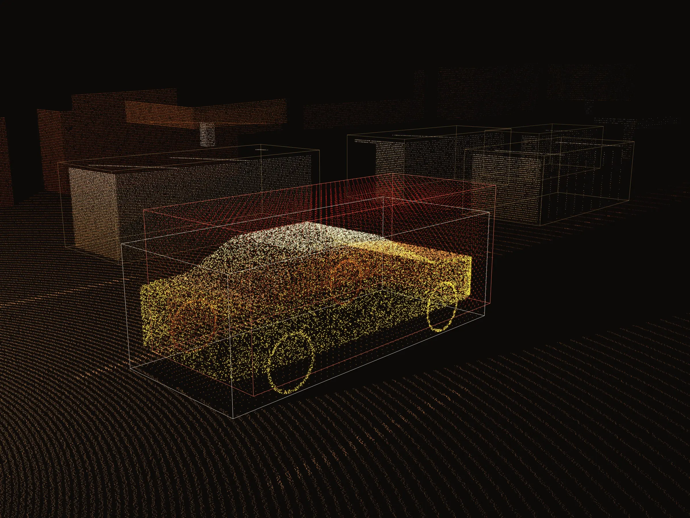 One car in a street scan under review: a white reference box around it, the learner's red box overshooting it, the part of the car left outside that box lit gold, and the rest of the capture carrying on behind, parked cars in their own labels and the buildings past them