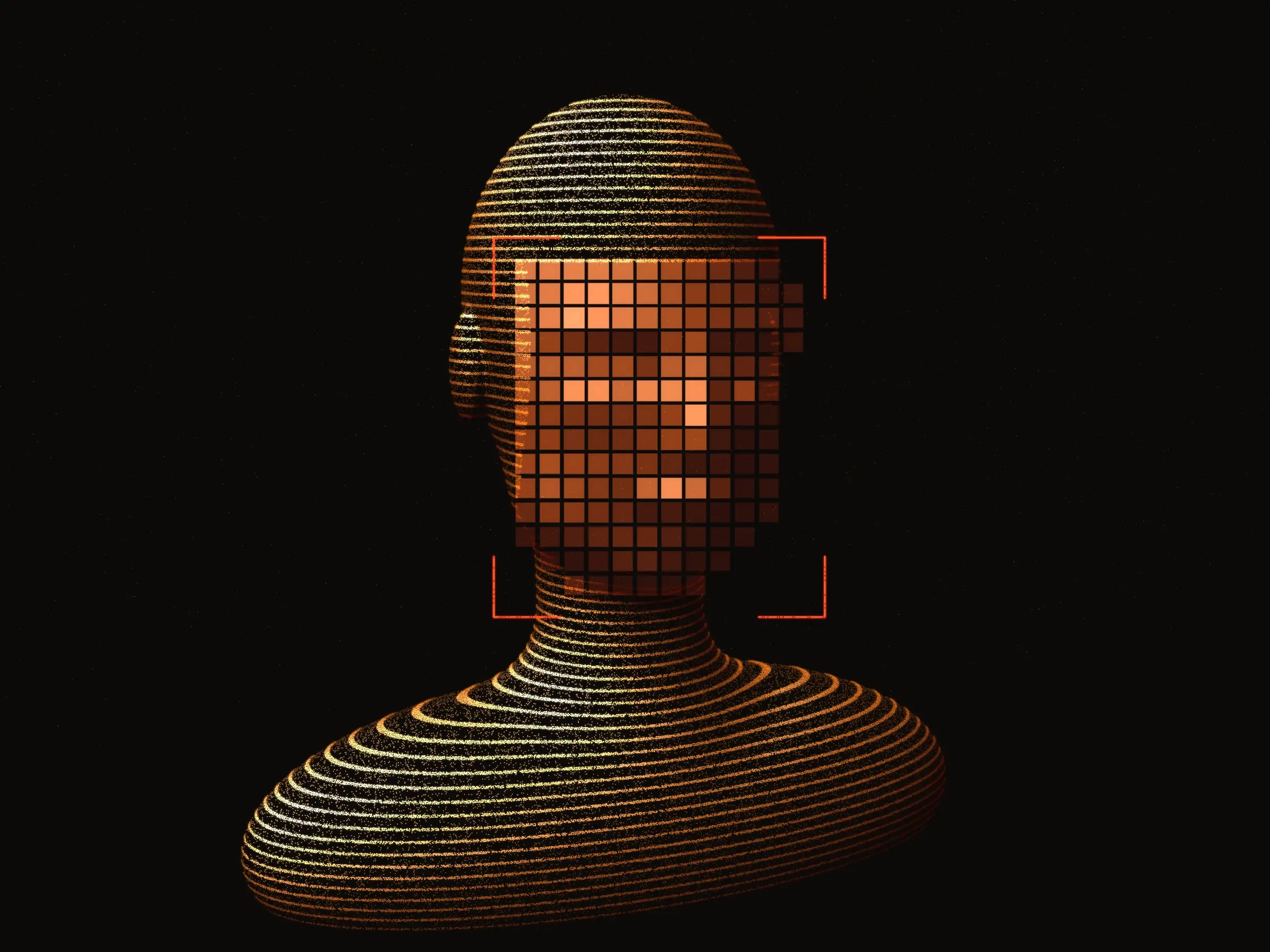 A sculpted bust scanned in rings of light, its face pixelated into square blocks inside a detection bracket