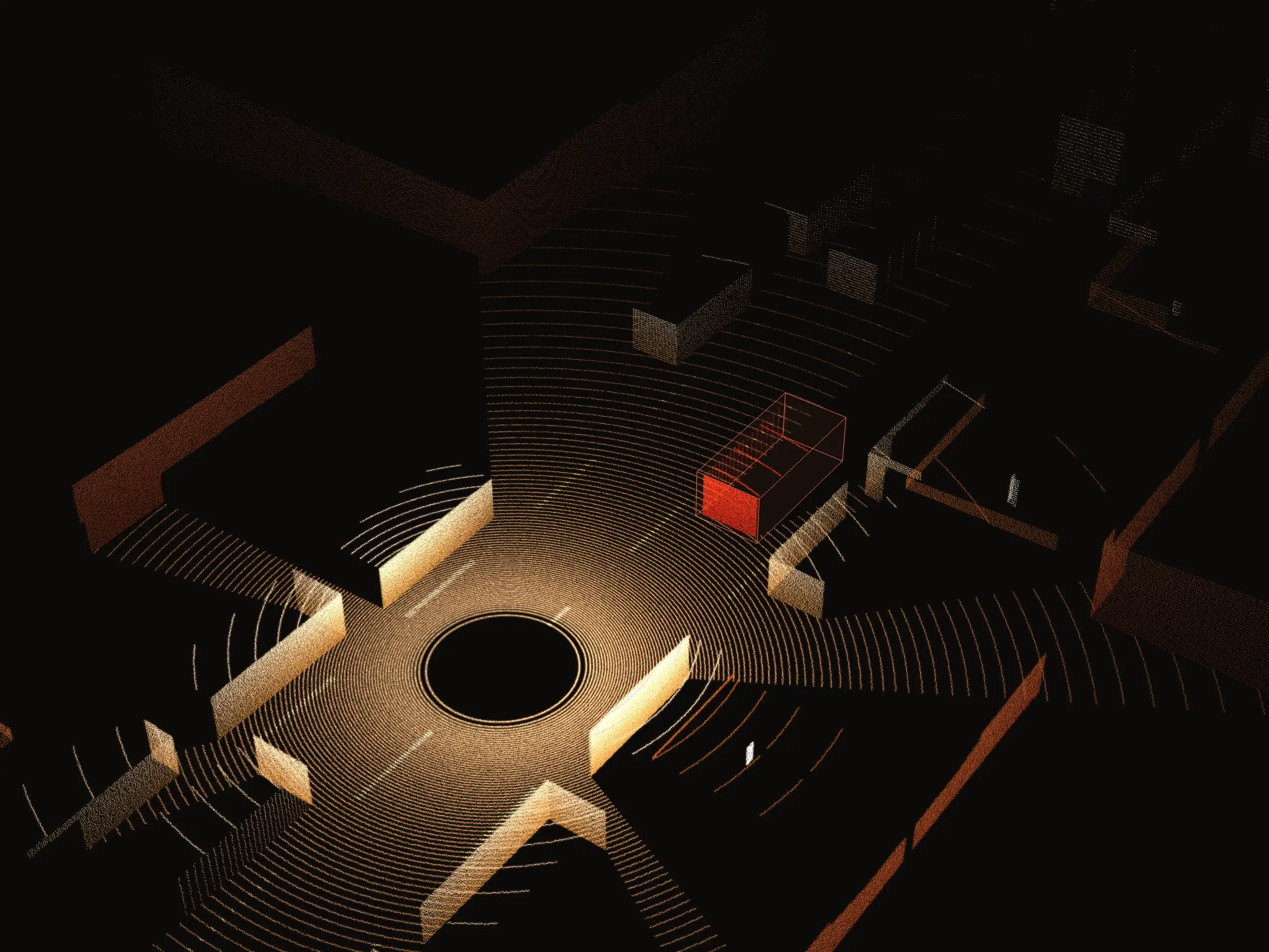 A lidar scan of a street junction seen from above, scan rings spreading across the road, buildings and poles in points, and one labeled object marked with a red box