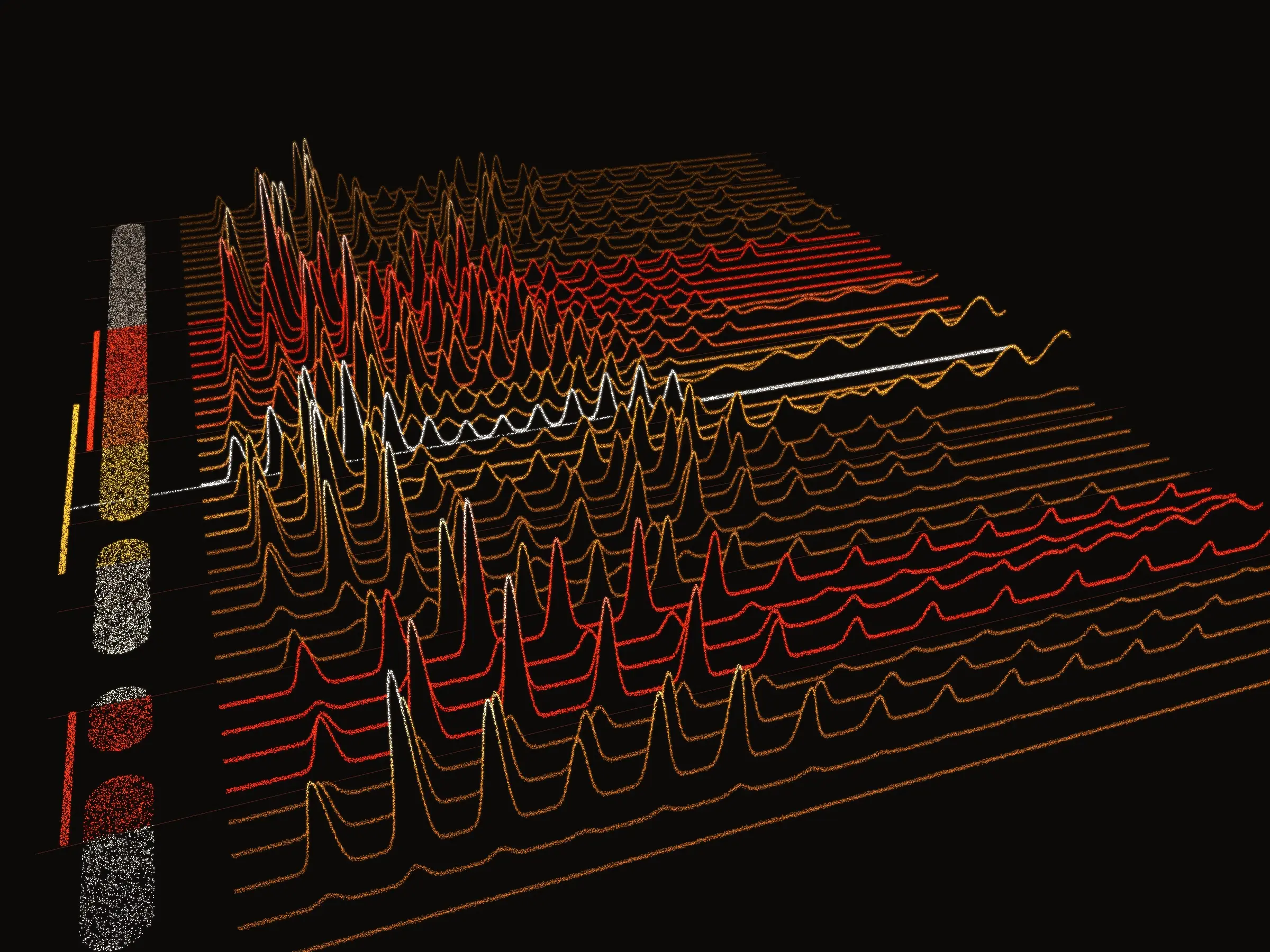 Speech as a field of glowing ridges receding in time, the playhead crossing it, two overlapping selected ranges lit in different colors, and the transcript running beside it word by word