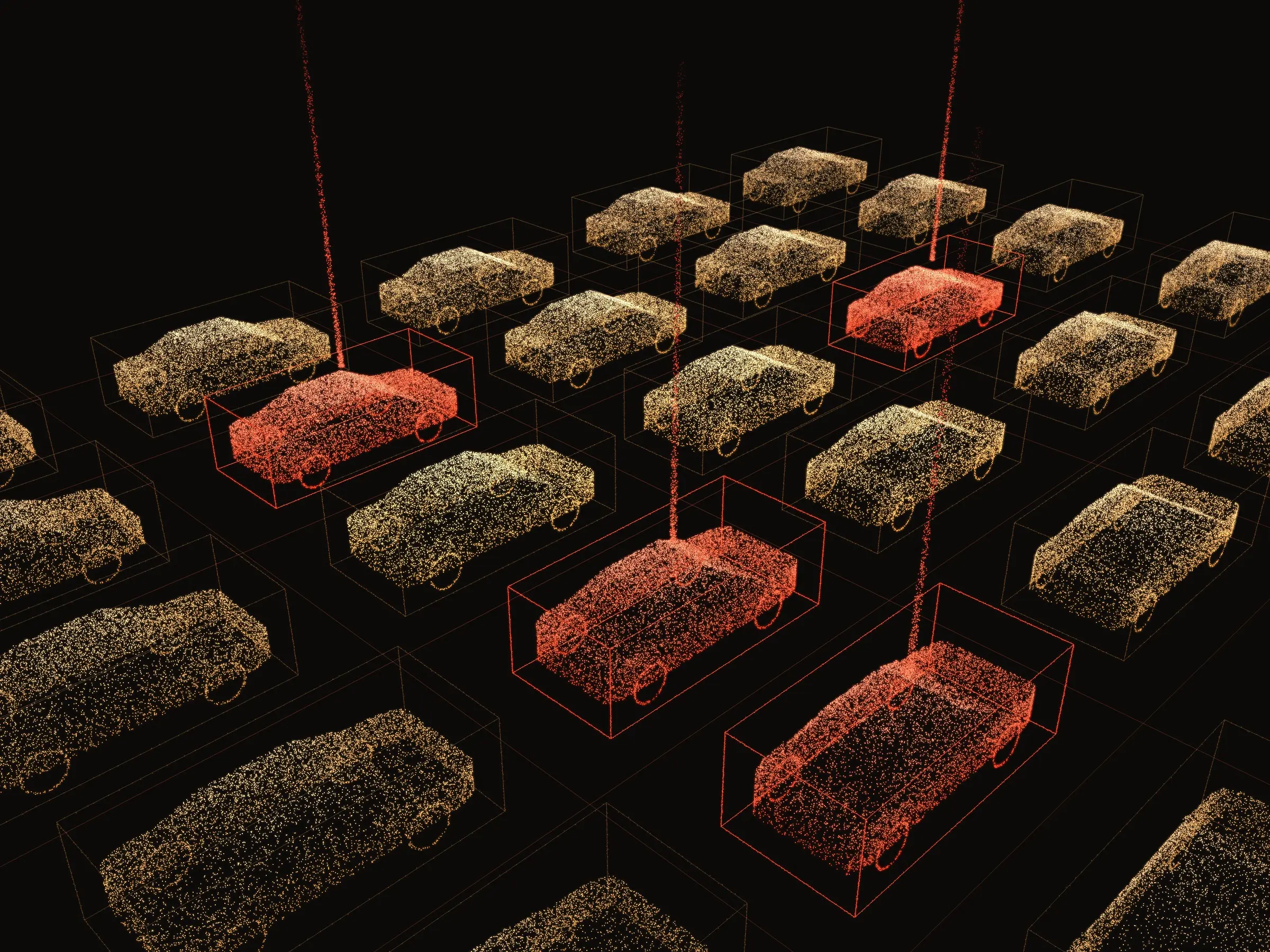 A field of scanned cars laid out on a grid, each one inside a label box, the four that fail a rule lit red with a flag rising over each