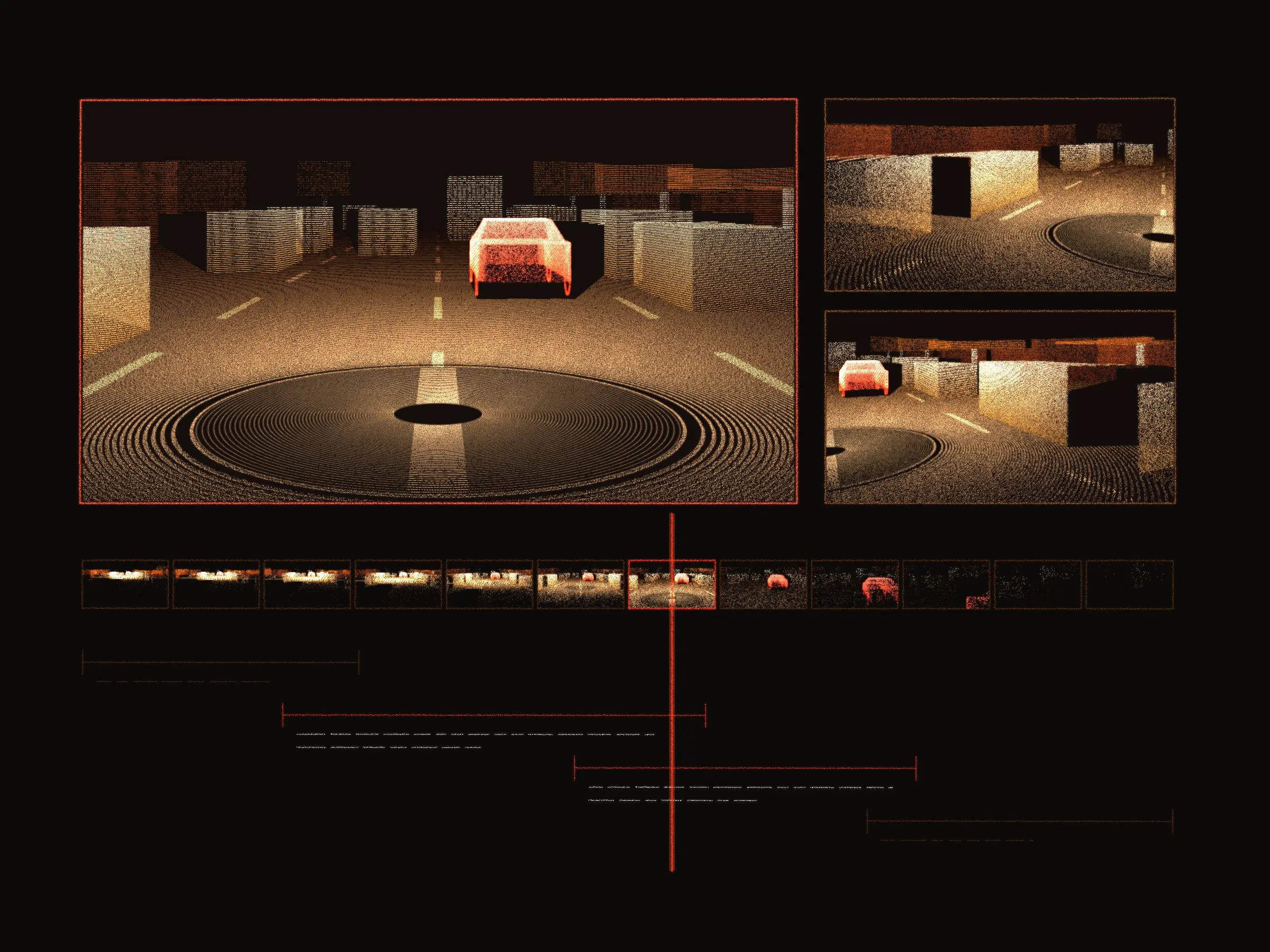 A video annotation view: one moment of a scanned street seen through the rig's main camera, the two other synchronized cameras beside it, the clip laid out below as a strip of frames with the playhead standing in one of them, and the timed descriptions running under it